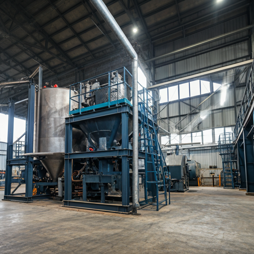 Modern industrial biochar factory with advanced machinery and clean steel structures under bright natural light